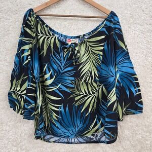 Hilo Hattie Womens Floral Top Blue Green‎ 3/4 Sleeve Size XL Tropical Hawaiian